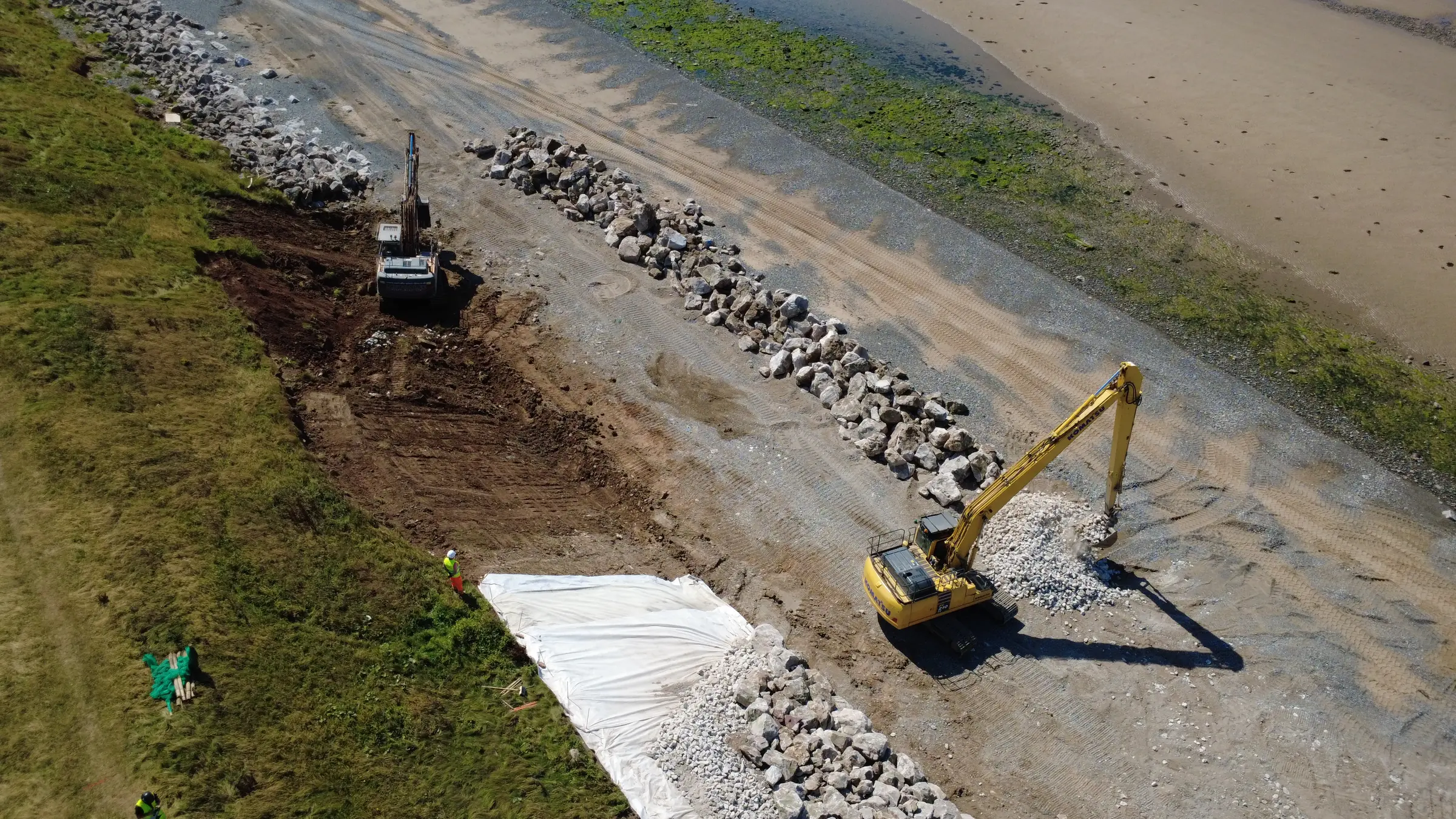 Aerial view of the South Walney workfront, rock armour and tidal beach